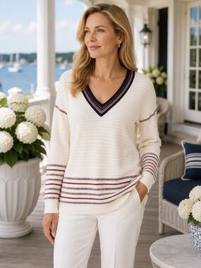 St. John Collection V Neck Striped Sweater